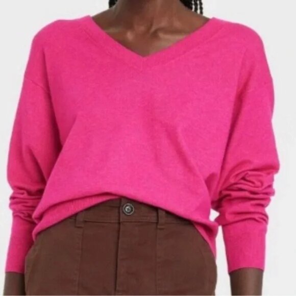 A New Day | NWTs Women’s Gauge V-Neck Raspberry Pink Sweater Sz L - Picture 1 of 9